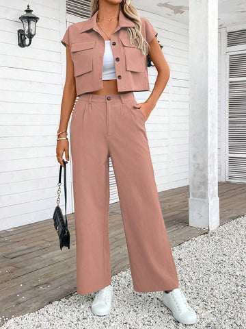 Women Plain Color Sleeveless Top And Long Pants
