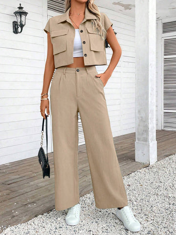Women Plain Color Sleeveless Top And Long Pants