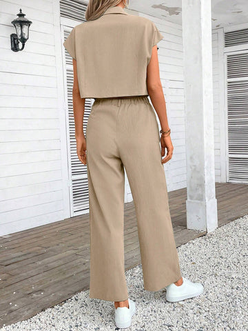 Women Plain Color Sleeveless Top And Long Pants