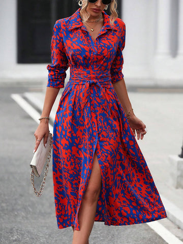 Elegant Random Printed Button-Front Waist-Tied Shirt Dress