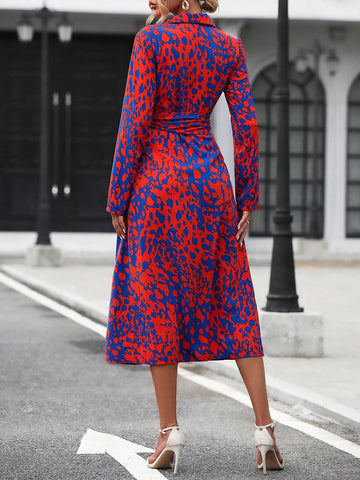 Elegant Random Printed Button-Front Waist-Tied Shirt Dress