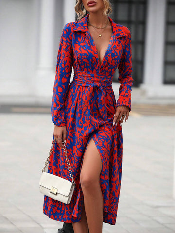 Elegant Random Printed Button-Front Waist-Tied Shirt Dress