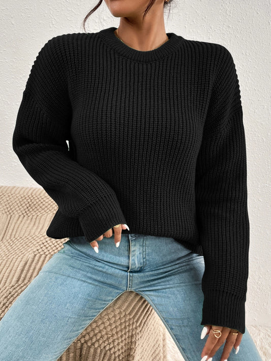 Women's Solid Color Round Neck Drop Shoulder Long Sleeve Casual Loose Pullover Sweater