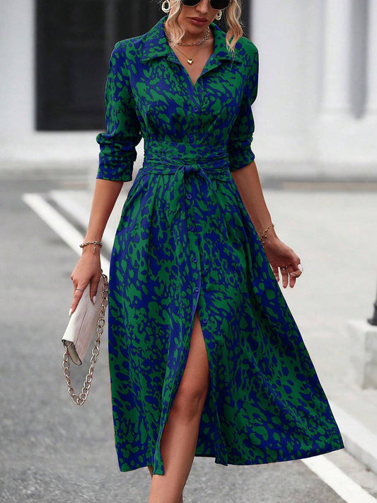 Elegant Random Printed Button-Front Waist-Tied Shirt Dress
