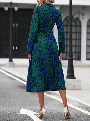 Elegant Random Printed Button-Front Waist-Tied Shirt Dress