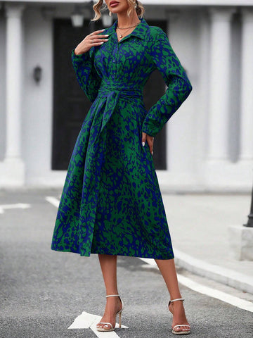 Elegant Random Printed Button-Front Waist-Tied Shirt Dress