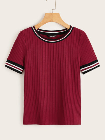 LUNE Striped Trim Rib-knit T-shirt