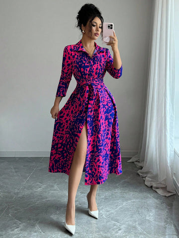 Elegant Random Printed Button-Front Waist-Tied Shirt Dress