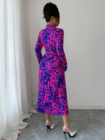 Elegant Random Printed Button-Front Waist-Tied Shirt Dress