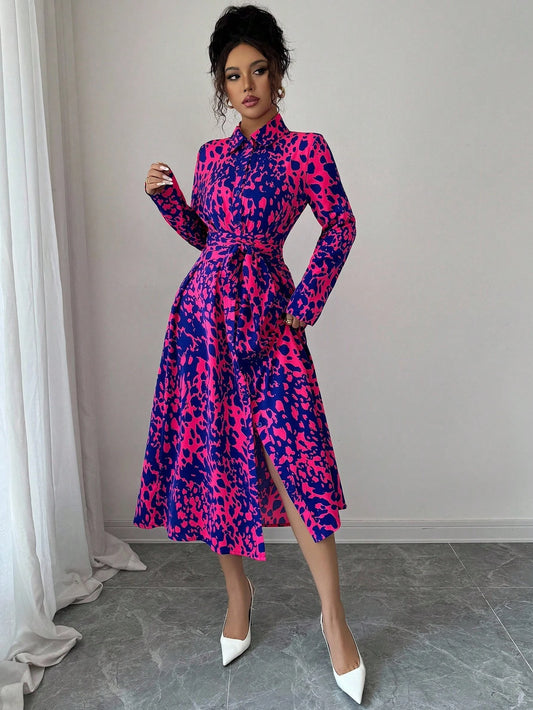 Elegant Random Printed Button-Front Waist-Tied Shirt Dress