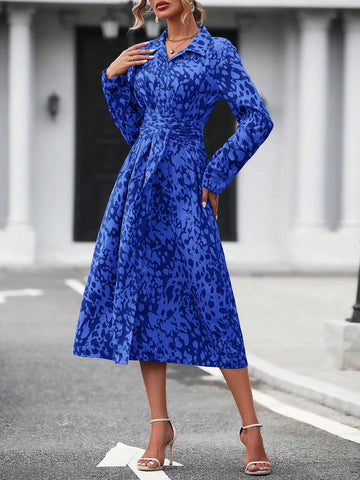 Elegant Random Printed Button-Front Waist-Tied Shirt Dress
