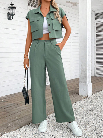 Women Plain Color Sleeveless Top And Long Pants