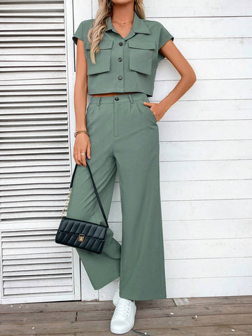 Women Plain Color Sleeveless Top And Long Pants