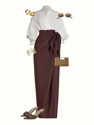 Wrap Long Sleeve Top And Tie-Waist Skirt