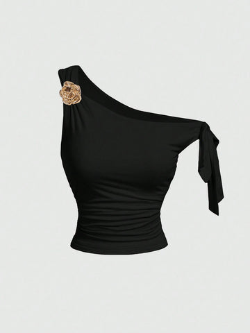 MOD Women's Asymmetric Neck Metal Floral Decor Top