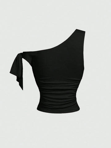 MOD Women's Asymmetric Neck Metal Floral Decor Top