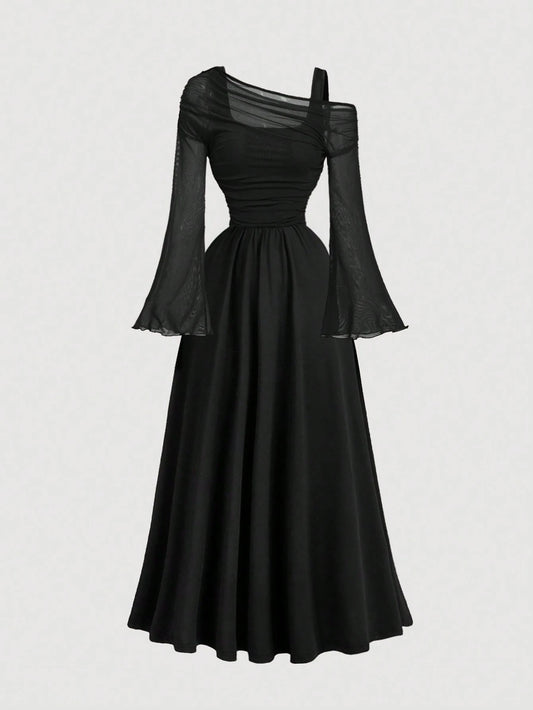 Off-Shoulder Mesh 2in1 Trumpet Sleeve Long Sleeve Dress