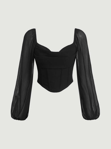 MOD Square Neck Lantern Sleeve Ruched Bandana Hem Gathered Lapel Crop Top