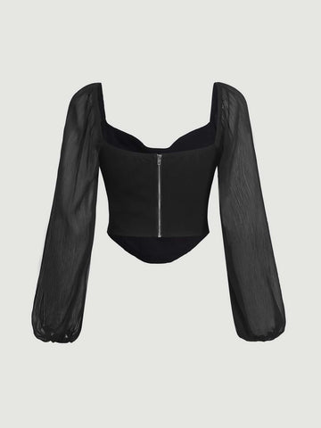 MOD Square Neck Lantern Sleeve Ruched Bandana Hem Gathered Lapel Crop Top