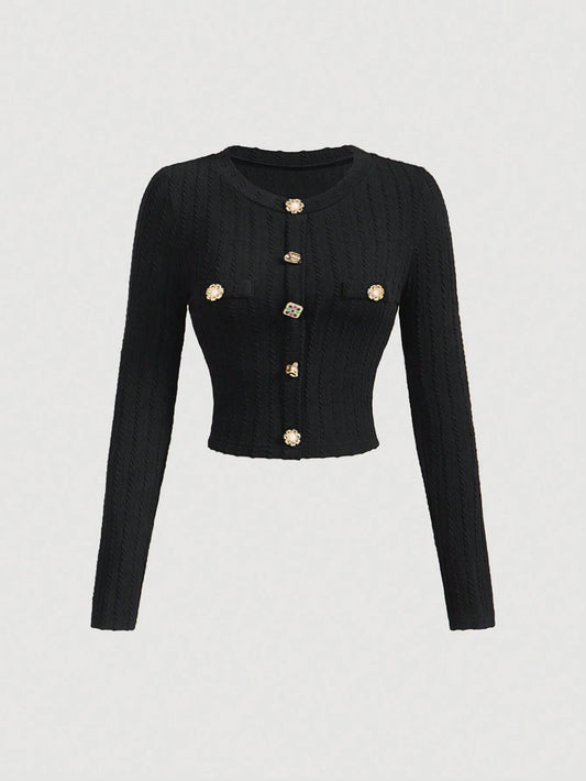 Round Neck Metal Button Bell Sleeve T-Shirt