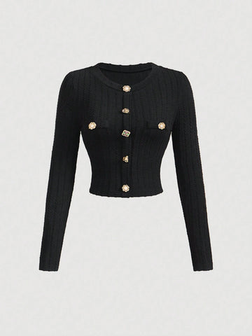 Round Neck Metal Button Bell Sleeve T-Shirt