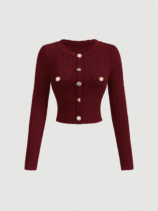 Round Neck Metal Button Bell Sleeve T-Shirt