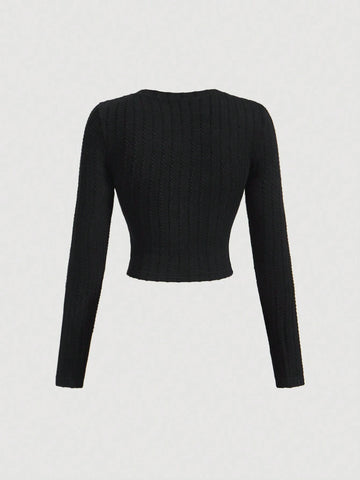 Round Neck Metal Button Bell Sleeve T-Shirt