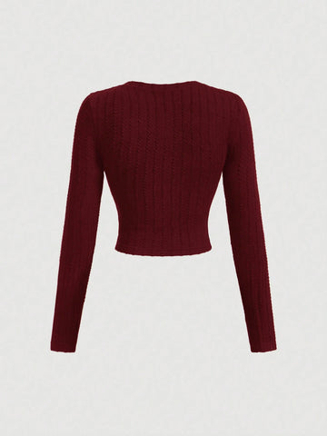 Round Neck Metal Button Bell Sleeve T-Shirt