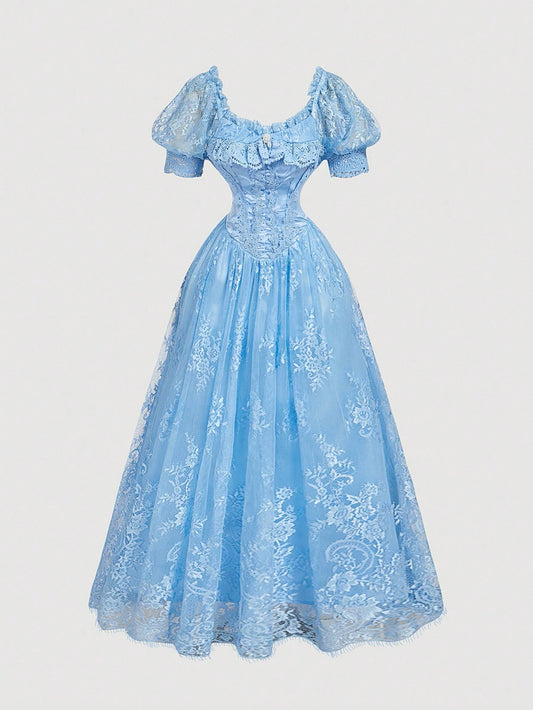 Dreamy Romantic Lace Patchwork Satin Dress With Layered Ruffle Hem