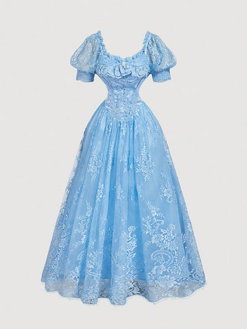 Dreamy Romantic Lace Patchwork Satin Dress With Layered Ruffle Hem