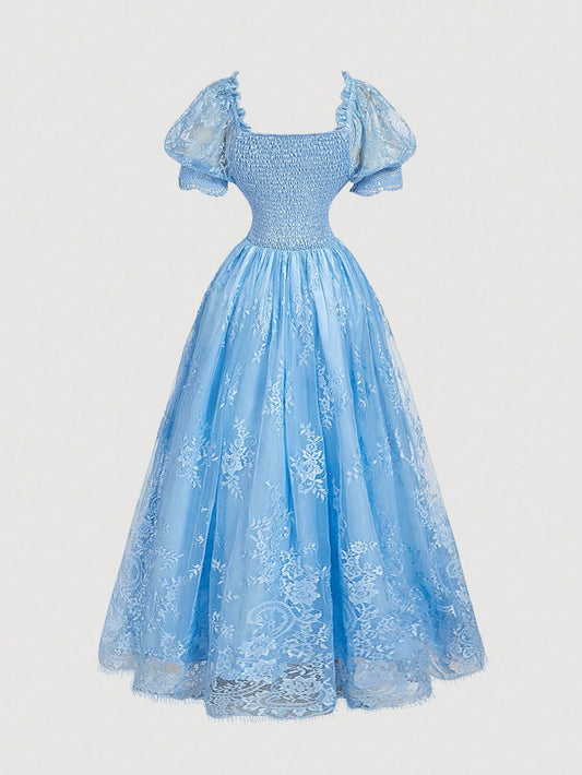 Dreamy Romantic Lace Patchwork Satin Dress With Layered Ruffle Hem