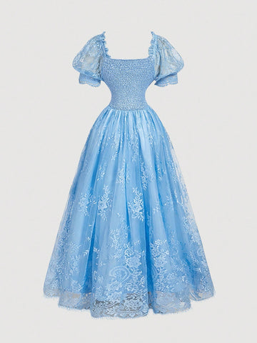 Dreamy Romantic Lace Patchwork Satin Dress With Layered Ruffle Hem