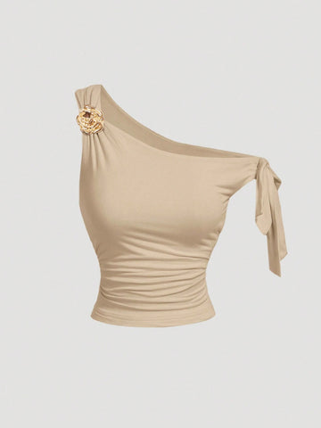 MOD Women's Asymmetric Neck Metal Floral Decor Top
