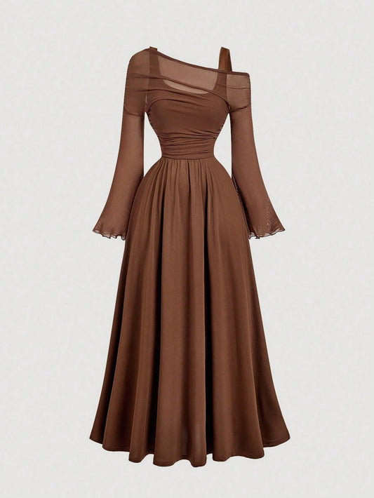 Off-Shoulder Mesh 2in1 Trumpet Sleeve Long Sleeve Dress