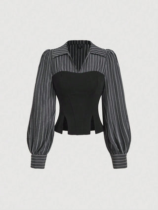 Striped Patchwork Cinched Waist Split Hem Blouse