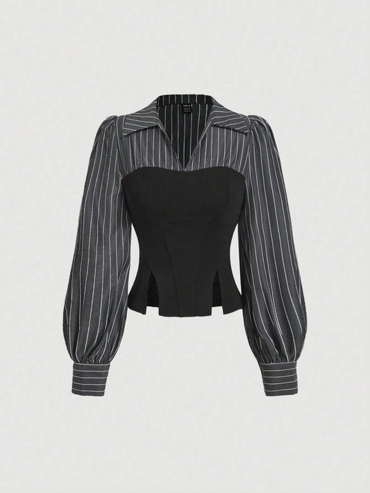 Striped Patchwork Cinched Waist Split Hem Blouse