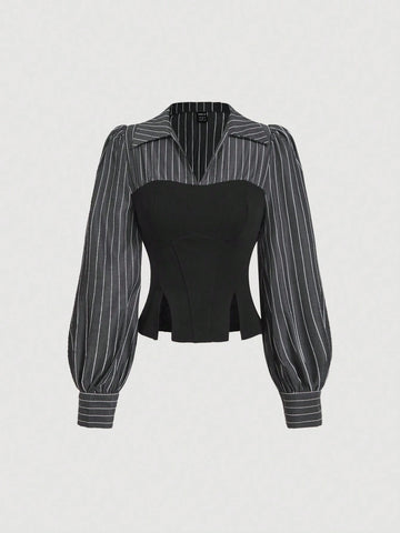 Striped Patchwork Cinched Waist Split Hem Blouse