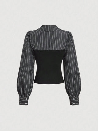 Striped Patchwork Cinched Waist Split Hem Blouse