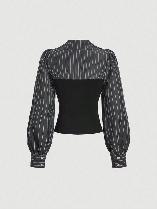 Striped Patchwork Cinched Waist Split Hem Blouse