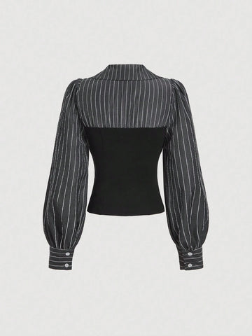 Striped Patchwork Cinched Waist Split Hem Blouse
