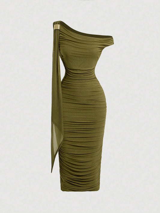 MOD Mid-Length Women's Solid Color Asymmetric Neck Ruched Dress