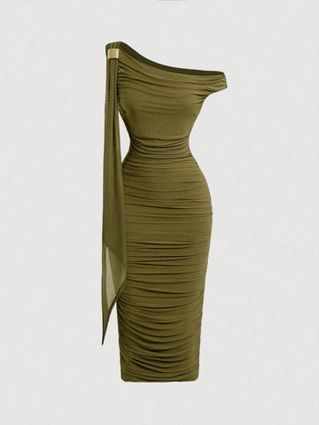 MOD Women's Solid Color Asymmetric Neck Ruched Slim Fit Elegant Mid-Length Dress