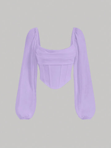 MOD Square Neck Lantern Sleeve Ruched Bandana Hem Gathered Lapel Crop Top