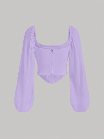 MOD Square Neck Lantern Sleeve Ruched Bandana Hem Gathered Lapel Crop Top