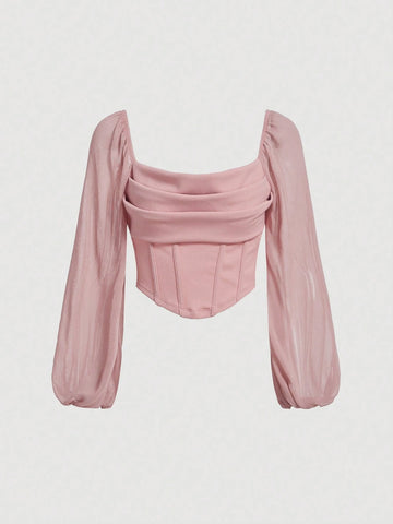 MOD Square Neck Lantern Sleeve Ruched Bandana Hem Gathered Lapel Crop Top