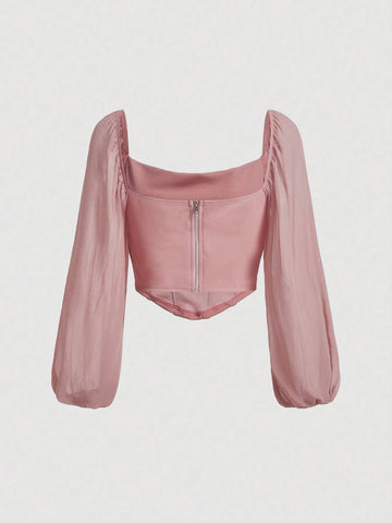 MOD Square Neck Lantern Sleeve Ruched Bandana Hem Gathered Lapel Crop Top