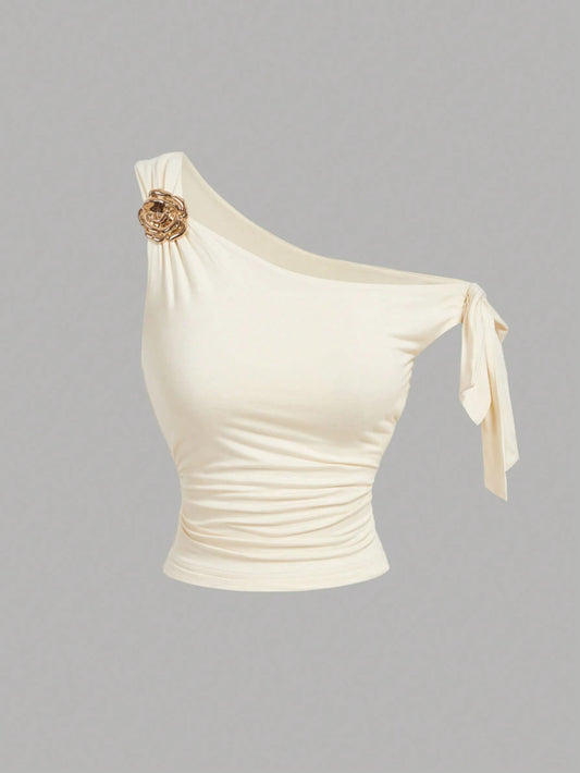 MOD Women's Asymmetric Neck Metal Floral Decor Top
