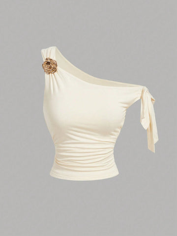 MOD Women's Asymmetric Neck Metal Floral Decor Top