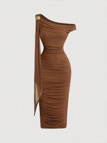 MOD Women's Solid Color Asymmetric Neck Ruched Slim Fit Elegant Mid-Length Dress