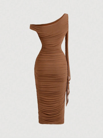 MOD Mid-Length Women's Solid Color Asymmetric Neck Ruched Dress